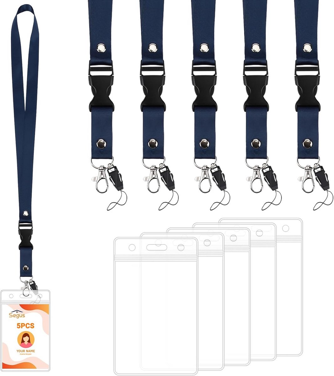 Kaarthouder met Lanyard - Badgehouders Set - Identificatie Tonen - Afneembare Gesp - 5 Stuks - Donkerblauw