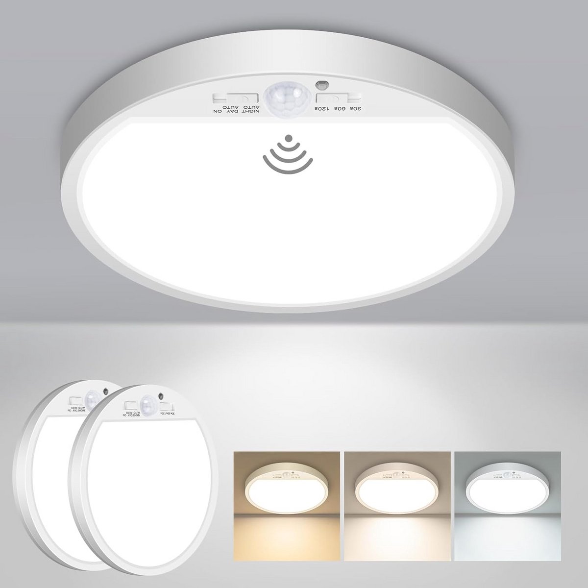 Plafondlamp met bewegingsmelder - Sensorlamp binnen - Automatische verlichting - Instelbare kleurtemperatuur - 22 cm diameter - Wit