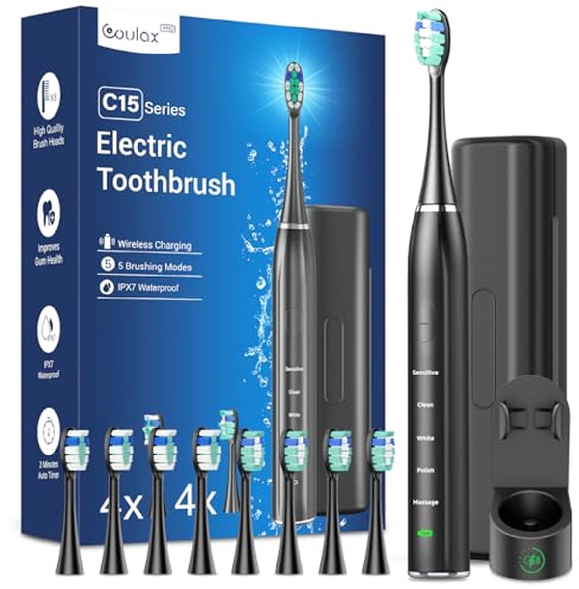 Elektrische tandenborstel - Sonische tandenborstel - Mondhygiëne verbeteren - 8 opzetborstels meegeleverd - 60 dagen gebruik - Wit
