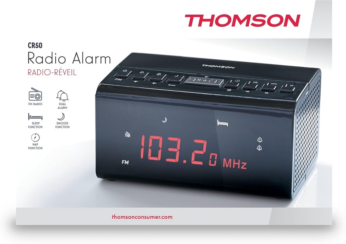 Radioalarm - Wekkerradio FM - Rustig Wakker Worden - Zoemer Alarm Optie - 18.8 cm Hoog - Wit