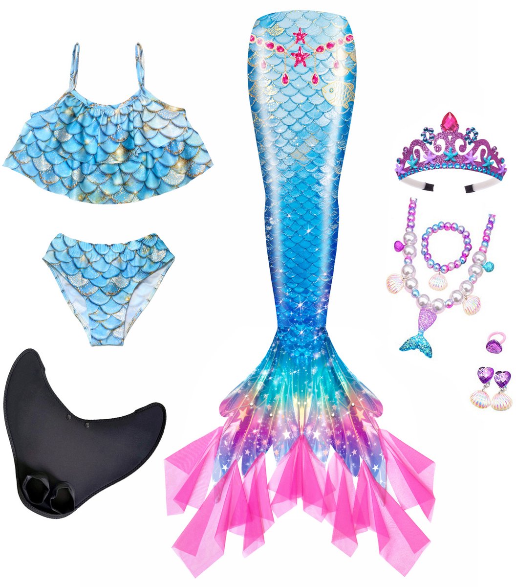 Zeemeerminstaart Zwemset Meisjes - Zeemeermin Bikini Set - Zeemeerminstaart Met Zeemeerminvin - Verkleedset Zeemeermin - Tiara En Sieraden - Maat 120
