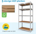 Zilverkleurige stellingkast met 5 bruine MDF-planken. Met FSC-logo en draagvermogen van 175 kg per plank.