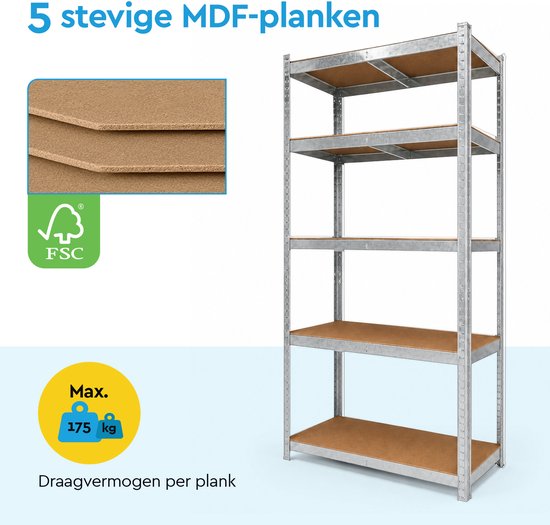 Zilverkleurige stellingkast met 5 bruine MDF-planken. Met FSC-logo en draagvermogen van 175 kg per plank.