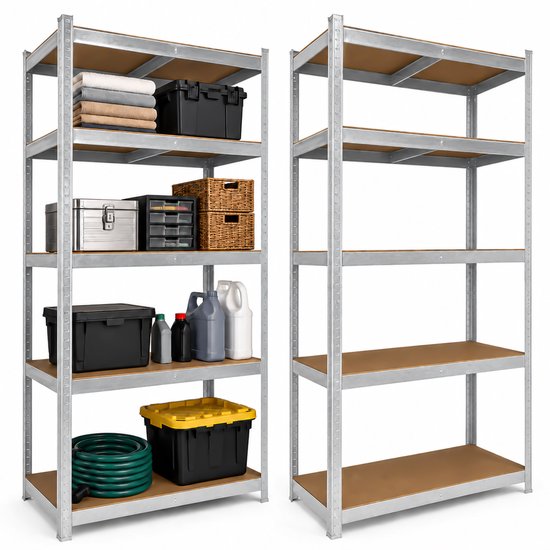 Twee zilverkleurige stellingkasten met bruine MDF-planken, gevuld met diverse opbergdozen, manden, gereedschap en tuinslang.