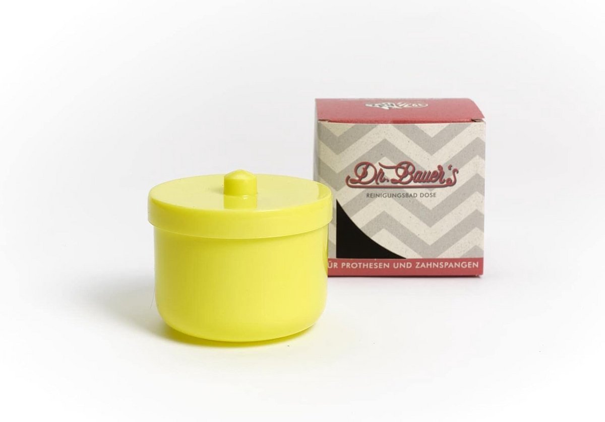 Reinigingsbad Doos - Prothese Bakje - Hygiënisch Bewaren - Met Spoelinzetstuk - 9 x 9 x 8.5 cm - Geel