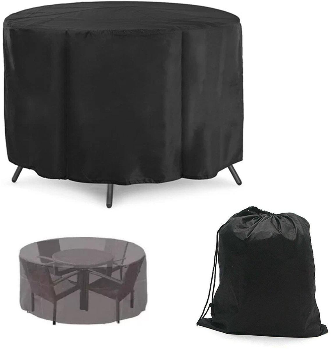 Ronde tuinmeubelhoes - Beschermhoes voor ronde tafel en stoelen (bescherming tegen zon, stof en regen) – UV-bestendige tuinhoes – Zwarte 210D Oxford-stof – Met zilvercoating – Inclusief opbergtas en trekkoord – 230 x 110 cm
