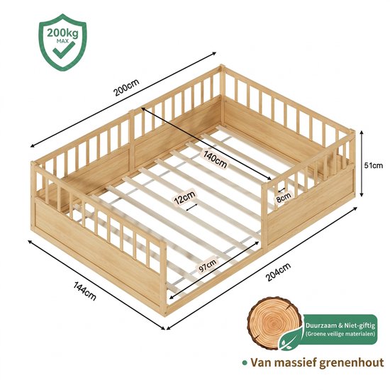Lit au sol Montessori - Lit enfant 140x200 cm - Lit simple 140x200 cm - Lit au sol - Entrée ouverte - Avec protection antichute - Bois de pin - Montage rapide - Couleur naturelle