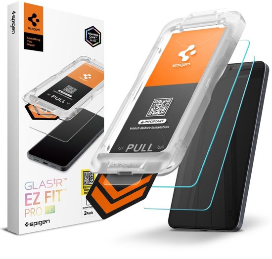Verpakking van Spigen Glas.tR EZ Fit Pro HD screenprotector voor Samsung Galaxy S26 Plus, met installatieframe en telefoon.