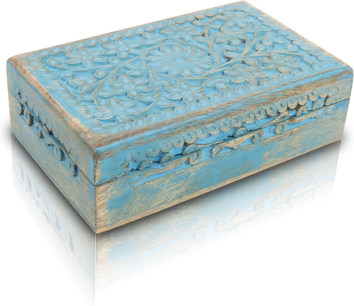Houten Sieradendoos - Opbergkistje - Sieraden Organiseren - Handgemaakt Decoratief - 20 x 12 cm - Blauw