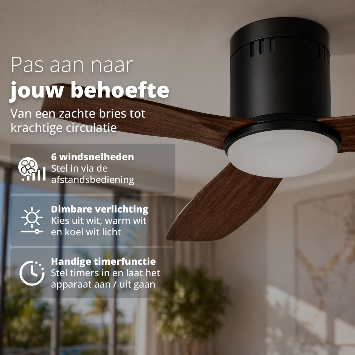 FlinQ Venturo Smart Plafondventilator met Verlichting - Ventilator voor aan het Plafond - Ideaal voor op de Slaapkamer - Bestuurbaar met App of Afstandsbediening thumbnail 4