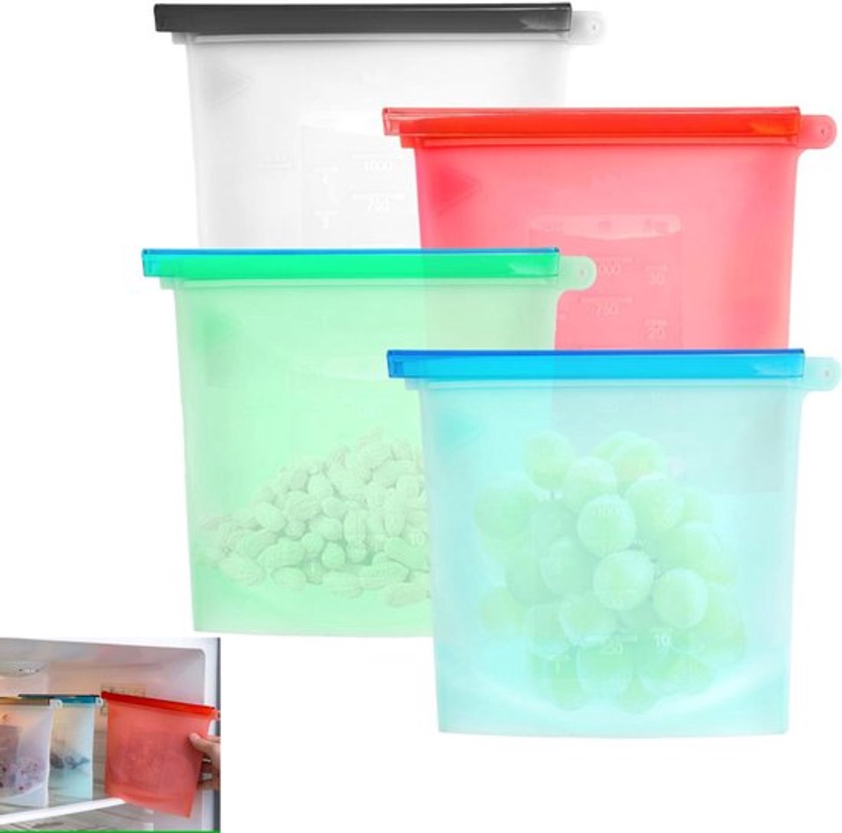 4 stuks - Herbruikbare diepvrieszakjes - met afsluitclip - Bewaarzakjes voor fruit, groenten, melk, snacks, vlees 23 x 17,5 cm (veelkleurig)