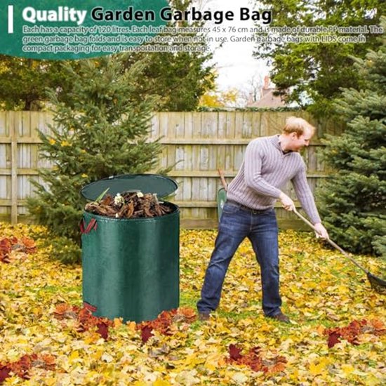 Set van 3 Tuinafvalzakken met Deksel - 120 Liter - Vouwbare Groene Zak voor Gras, Bladeren, Heggen en Tuinafval van Merkloos	 — afbeelding 2