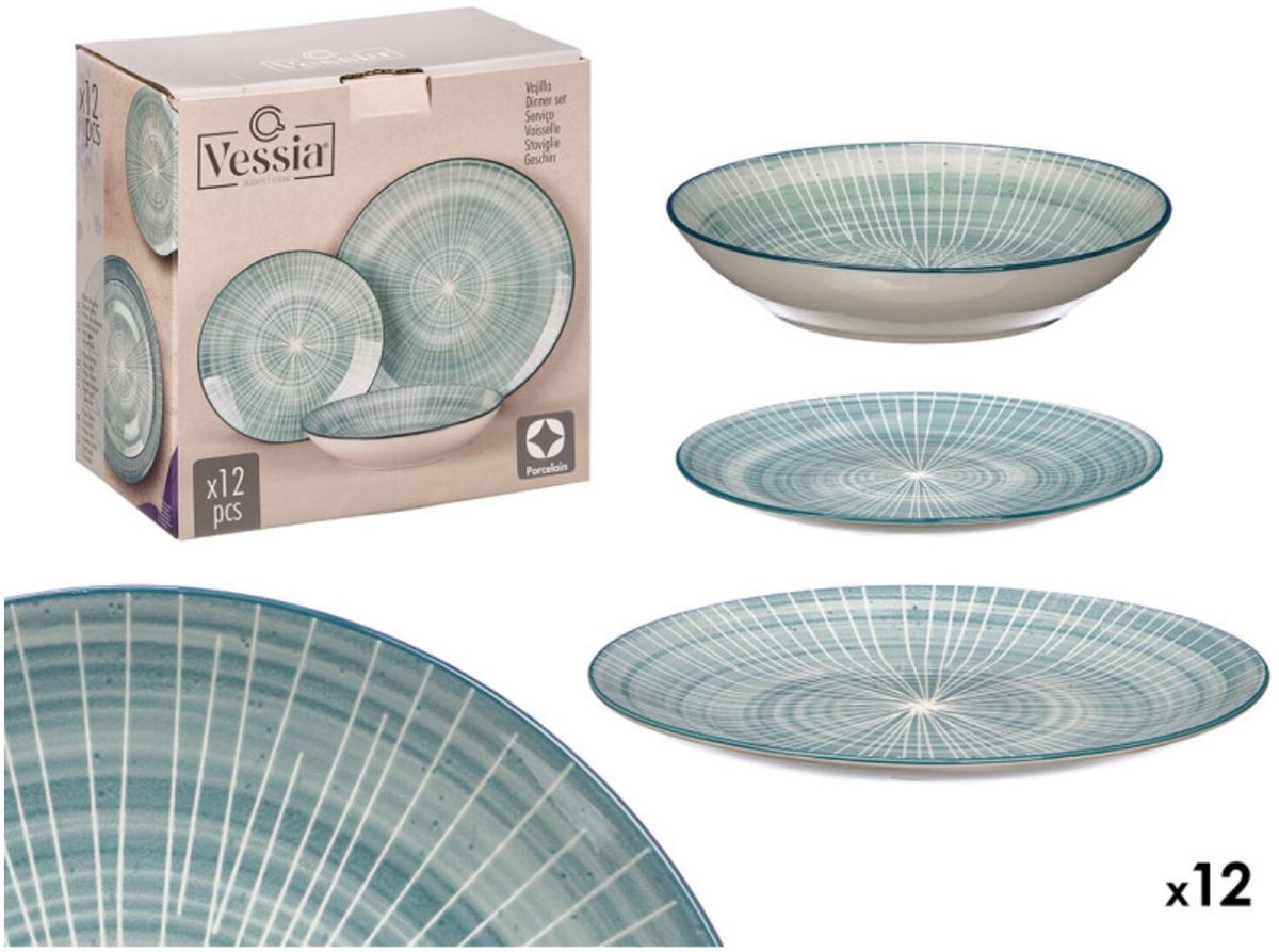 Vessia Servies set Zakynthos - 12 delig - blauw - porselein - 4 personen - gestreept