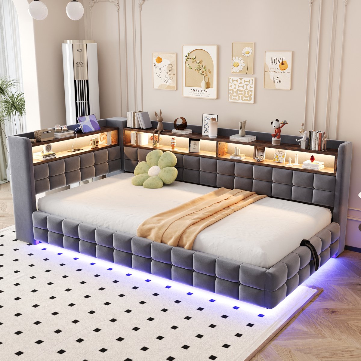 DESMIU Gestoffeerd Bed 90x200cm – Slaapbank Met Hoofdbord En Zitfunctie – Hydraulische Opbergruimte En Ledverlichting – Voor Slaapkamer En Logeerkamer – Velours – Grijs – Zonder Matras Donkergrijs