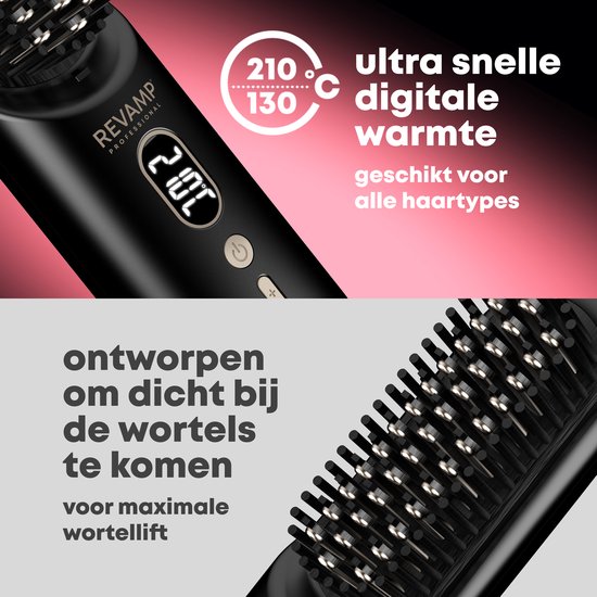 Een close-up van de zwarte stijlbortsel. Het display toont 210C. Text overlay met 'ultra snelle digitale warmte'.