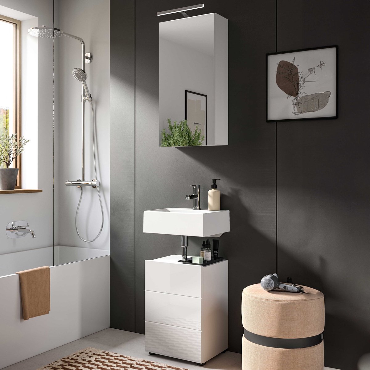 Badkamermeubel Vira Xonox Met Spiegelkast - Wit Melamine - 38x190x34 Cm - Xonox - Badkamer Enkele Wastafelmeubel - Wit - Spaanplaat