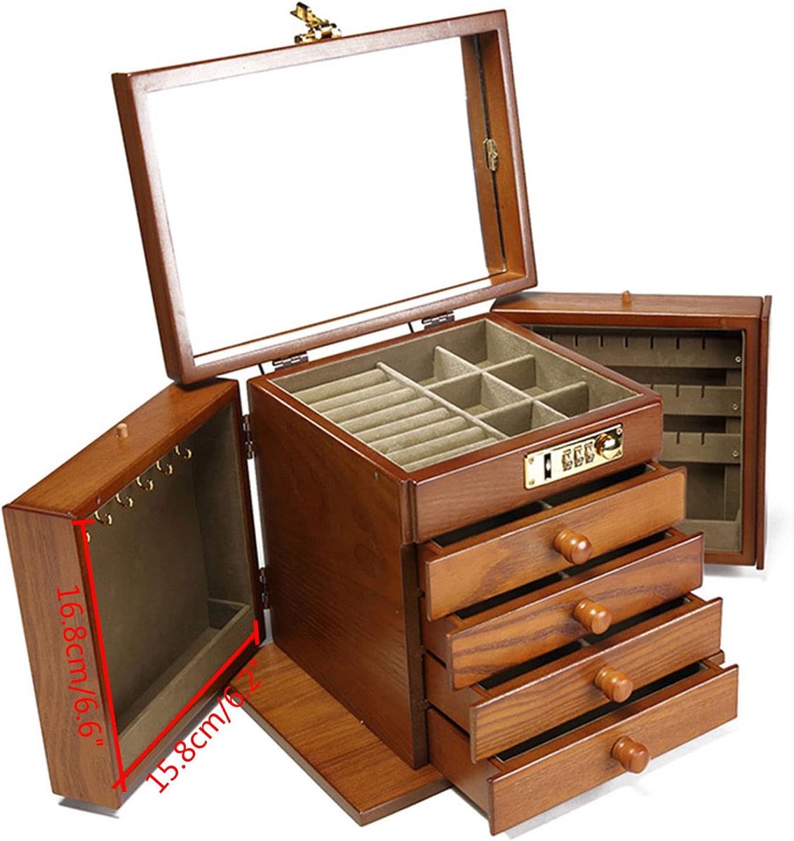 Juwelendoos met spiegel - Opbergkist sieraden - Sieraden organiseren - Combinatieslot en 5 niveaus - 27.5 x 22.9 cm - Bruin