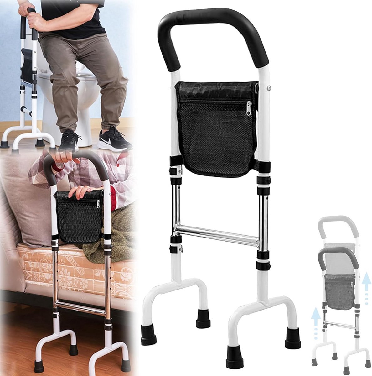 Wandelstok Zithulp - Staande Hulp - Veilig Lopen - Vier Voet Stabiliteit - 73-92 cm - Zwart
