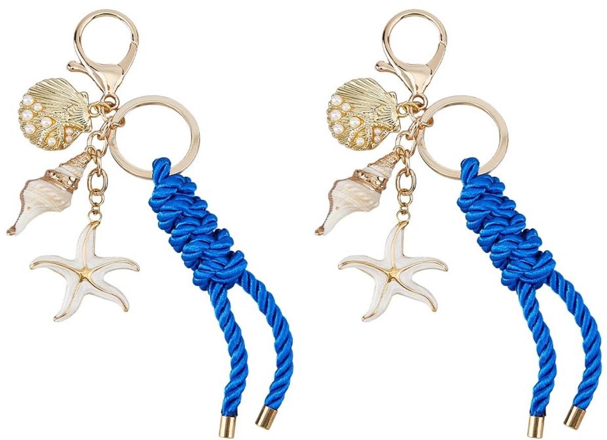 Dailygoods- Sleutelhanger Gouden Zeester/Schelp - 2 Stuks - Strand Charms - Blauw Gevlochten Touw - Kuststijl Accessoires - 125 mm Lang - Tascharms