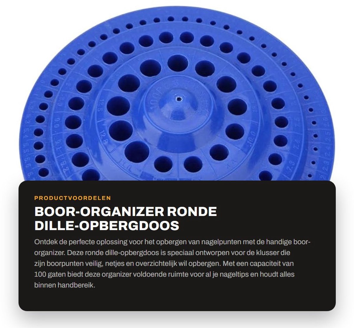 Dailygoods- Boor-Organizer 100 Gaten - Ronde Opbergdoos - Ruimtebesparend - Veilig - Praktisch - Kunststof Basis - Nagelpuntenhouder