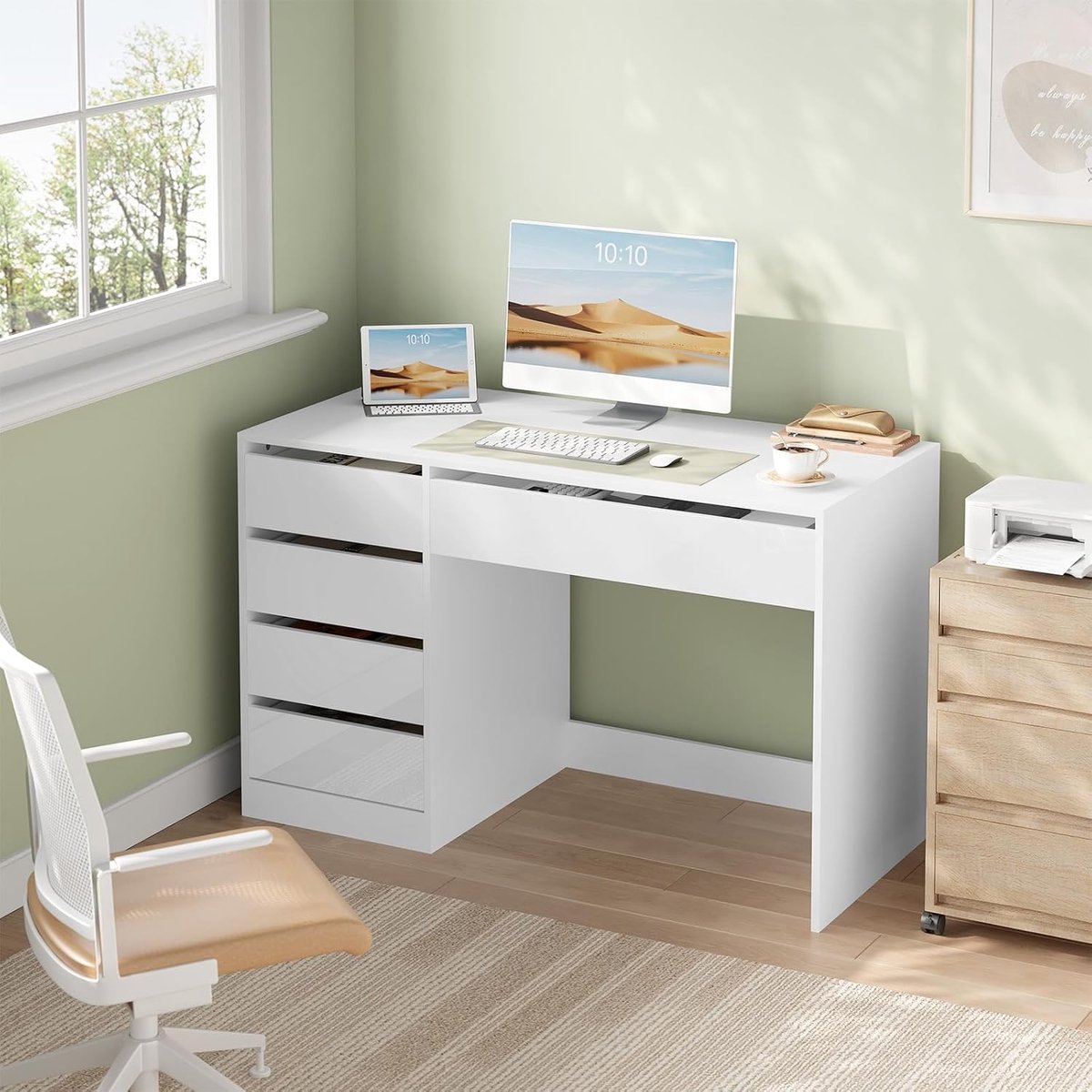 Bureau met Laden 120x55x75 cm Hoogglans Wit – Computerbureau, Make-uptafel, Kaptafel, Werkbureau met 5 Laden en Opbergruimte – Modern Scandinavisch Design | Mobili Bella