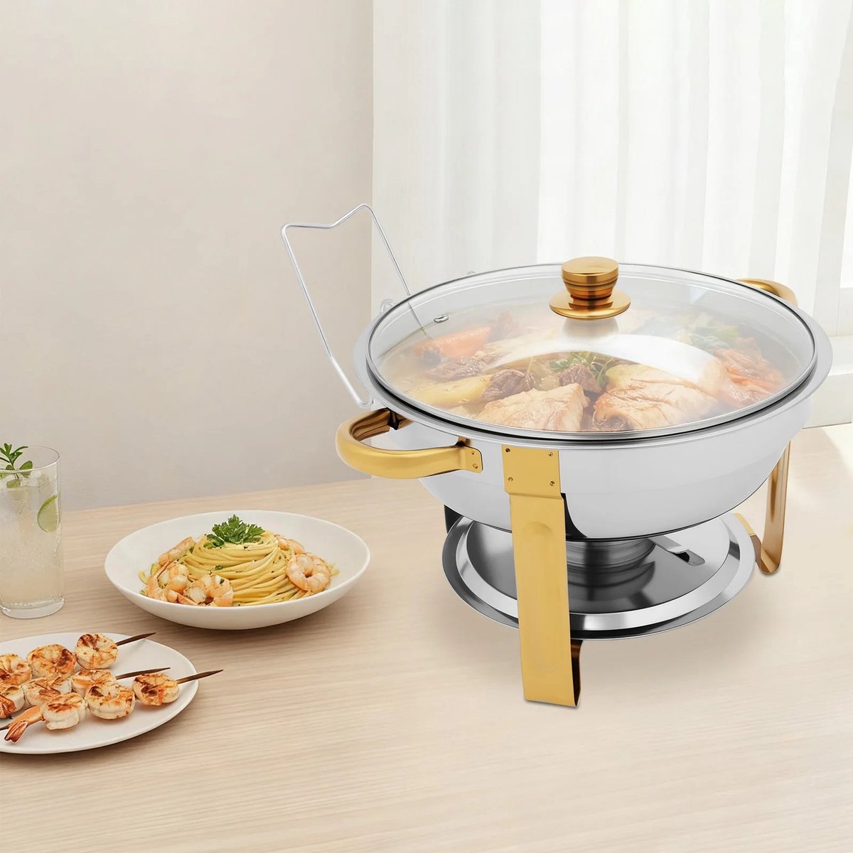 Dailygoods 5L Zilveren Chafing Dish Buffetset, RVS Ronde Chafers en Buffetwarmers Sets voor Restaurants, Cafeterias