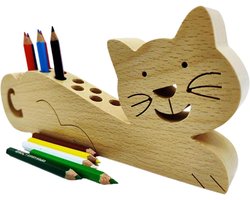 PRIMUZ Houten pennenhouder, schattige kat potloodhouder, schattige potloodhouder, bureau-organizer, opbergkoffer, schrijfwaren voor school, kantoor en thuis