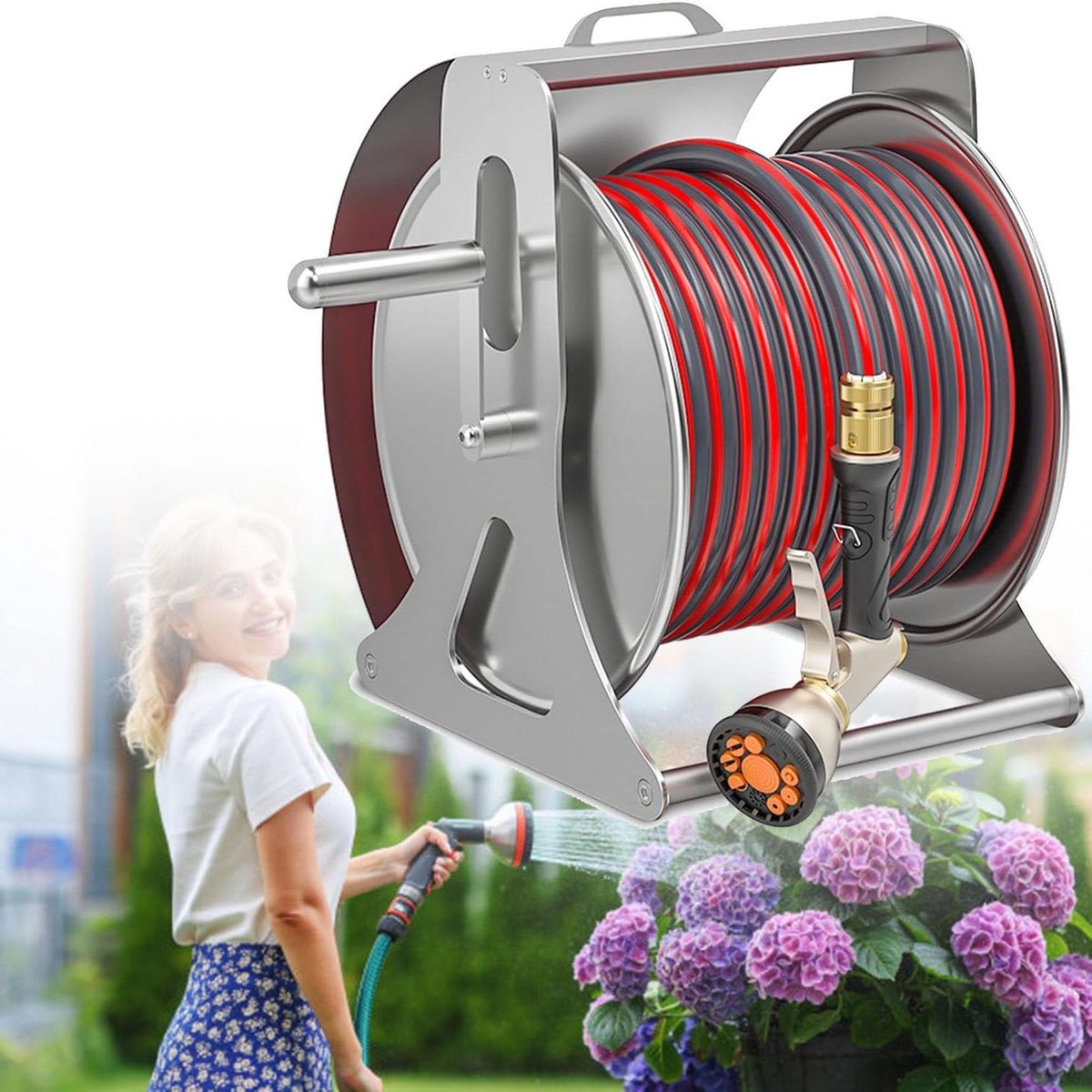 Zware Tuinslanghaspel Met Intrekbare Slinger,Wandgemonteerd/Vloergemonteerd Metalen Slanghaspel,Geschikt Voor 10-50m Slang,Met Multifunctioneel Waterpistool,Hogedrukwaterslang,20m