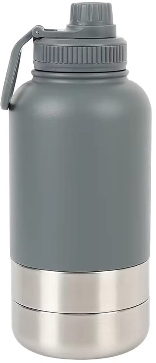 Honden drinkfles met voerbakken - Waterfles hond - Dubbelwandig - Thermosfles - Hondendrinkbak - Multifunctioneel - Hondenvoerbak - RVS Fles - Lekbestendige dop - BPA vrij - 1 Liter - Met handvat - Perfect voor onderweg