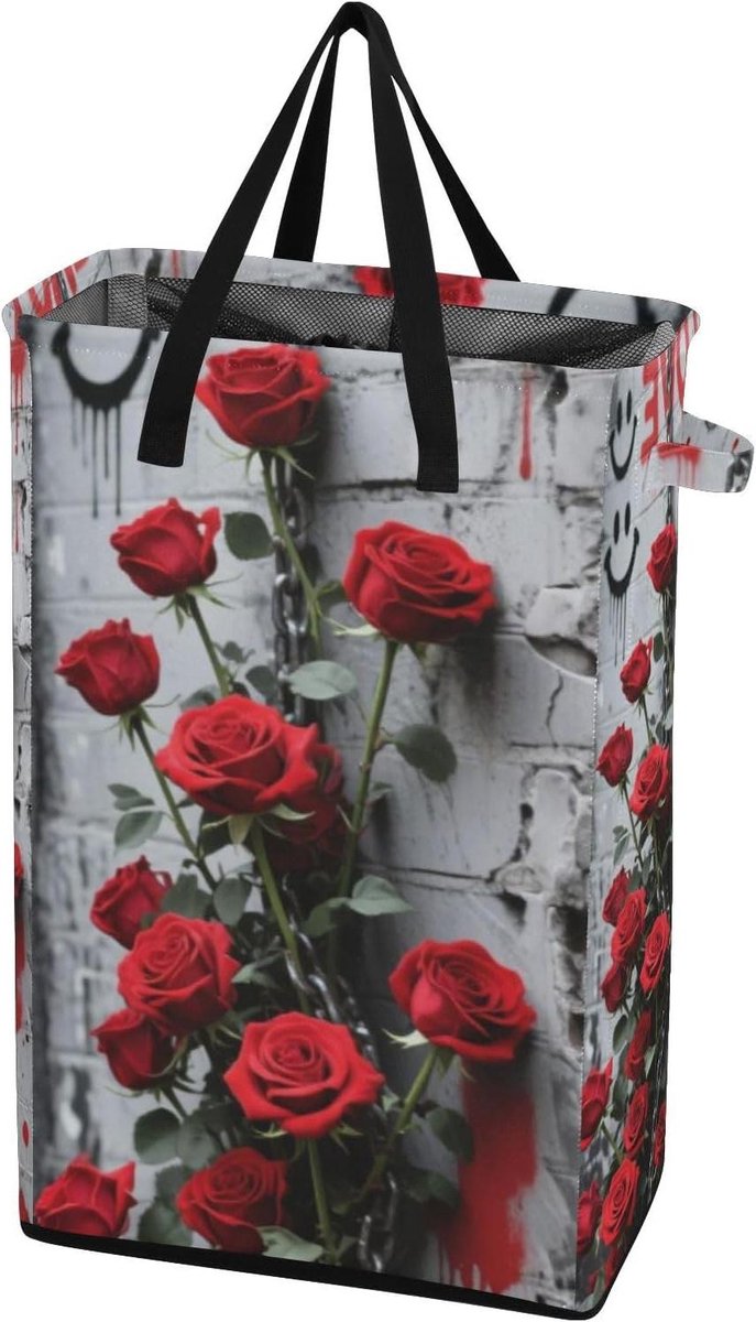 Wasmand met Handvatten Kledingmand Opvouwbaar Ruimte Besparen Waterdichte Oxford Stof 48L Capaciteit Rose Muur Graffiti