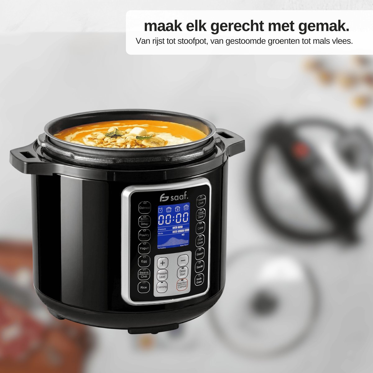 Multicooker - 5.8L - PFAS vrij - Slowcooker met timer - Pressure Cooker - Rijstkoker met stomer - van Saaf – foto 5