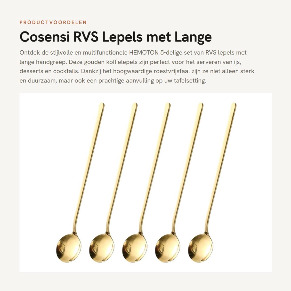 Dailygoods- Lepelset 5 Stuks - Roestvrij Stalen Lepels - Lange Handgreep - IJslepel - Theelepel - Perfect voor Desserts - Gouden Afwerking