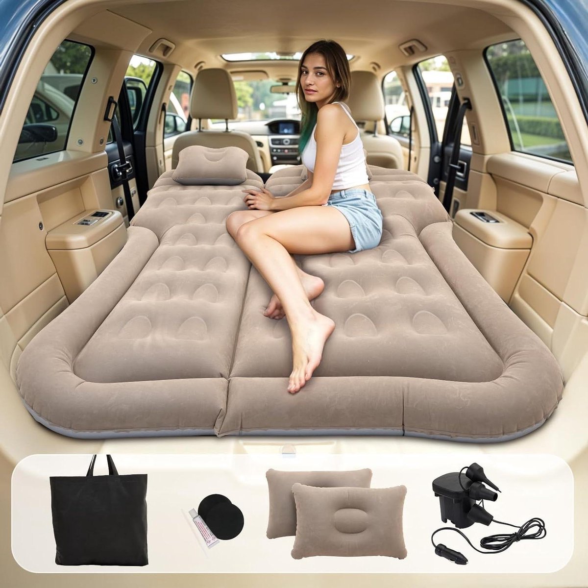 Opblaasbaar Automatras Voor Audi A7 Sportback 4K8 2018-2025 2026, Automatras Voor Kofferbak Achterbank Luchtmatras Achterbank Bed Camping Luchtbed,Beige