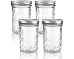 carmdering - Glazen Opbergpot - Weckpot - Luchtdichte Pot - Set van 4, 350 ml, 2,7×2,7×5,3 inch - Met metalen deksel met rubberen afdichtring - Lekvrij, stapelbaar - Voor overnight oats, jam, honing, noten en thee - Vaatwas- en vriezerbestendig