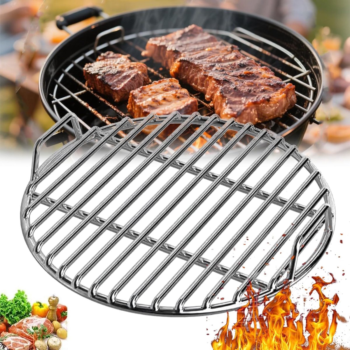 Barbecuerooster RVS - 28 cm - BBQ Grill - BBQ Rooster - Ronde grill - Buitengrill - Barbecuerooster - Grill met dubbele handgreep - Voor kamperen, picknick, tuin - Zilver