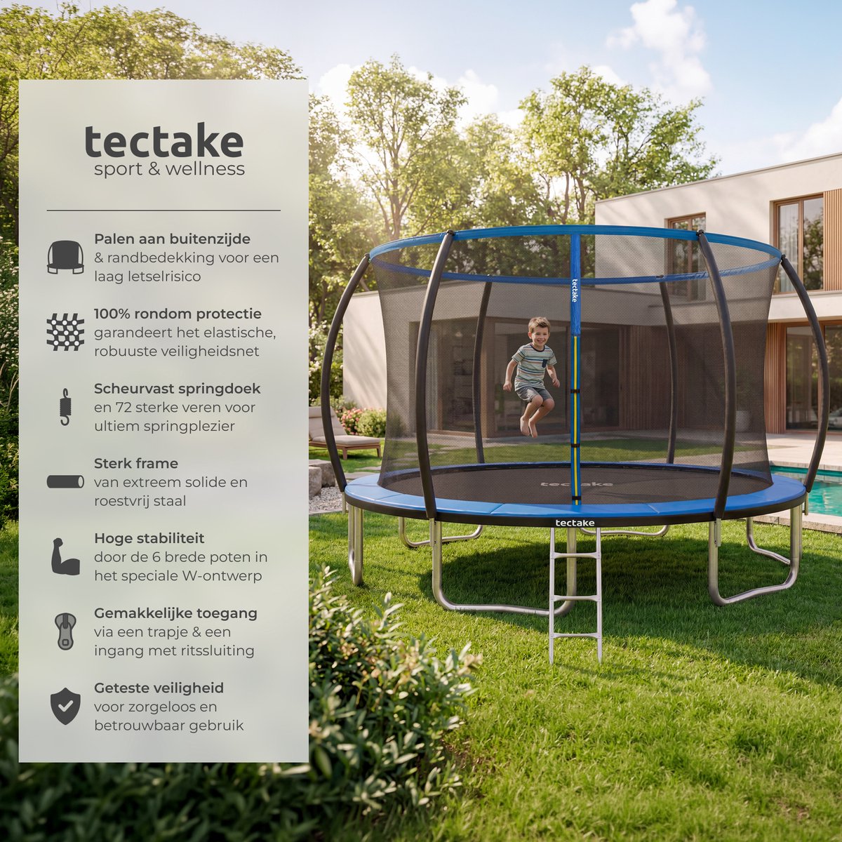 tectake® Trampoline met Veiligheidsnet en Trap - 366 cm - Veilig en Stevig voor Buiten - Tuintrampoline - Fitnesstraining - Kindertrampoline — afbeelding 2