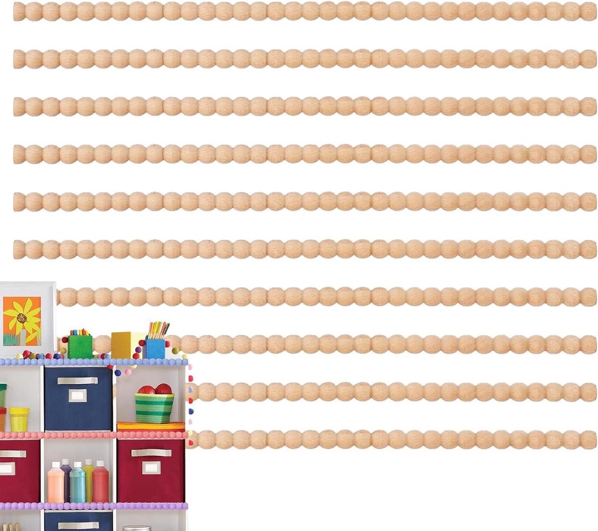 Houten latten, halfronde houten kralen, sierlijst, 10-delige decoratieve houten lijstset voor binnen, ideaal voor ramen, deuren, muren, meubels, plankranden, decoratie, doe-het-zelf renovatie