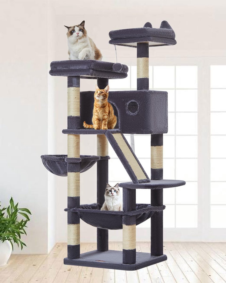 Kattenboom - Krabpaal huis - Spelen en rusten - Stabiele constructie - 146CM - Donkergrijs