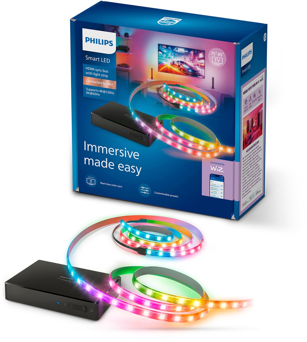 Philips Smart Lighting - hdmi 2.1 sync box - met rgbic led strip voor 75" tot 85" tv's - synchroniseer je verlichting met je beeldscherm - 4k bij 120hz en 8k bij 60hz - werkt met de wiz app - wifi - entertainment starterkit