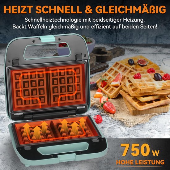 3-in-1 Wafelijzer - Pannenkoek Grill - Lekker Ontbijten - Afneembare Platen - 750 Watt - Aqua — afbeelding 5