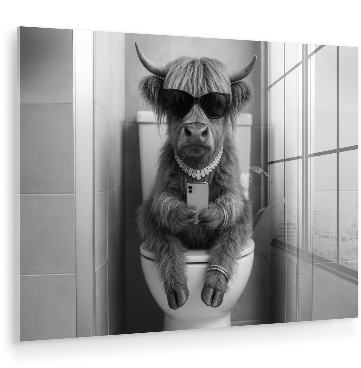 MuchoWow® Glasschilderij 80x60 cm - Schilderij acrylglas - Stier - Telefoon - Toilet - Zwa