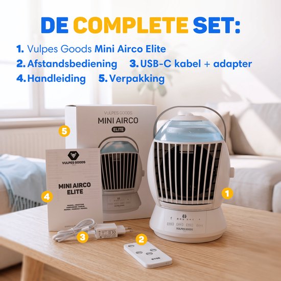 De complete set van de mini airco Elite, inclusief afstandsbediening, USB-C kabel, adapter en handleiding.