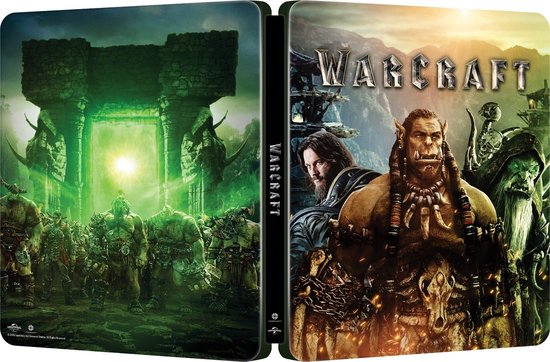 Steelbook met op de ene kant een groep orks bij een groen portaal en op de andere kant een ork en menselijke strijders.