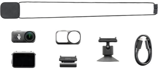 Overzicht van de DJI Osmo Nano accessoires: camera, grip, bevestiging, kabel, nekband.
