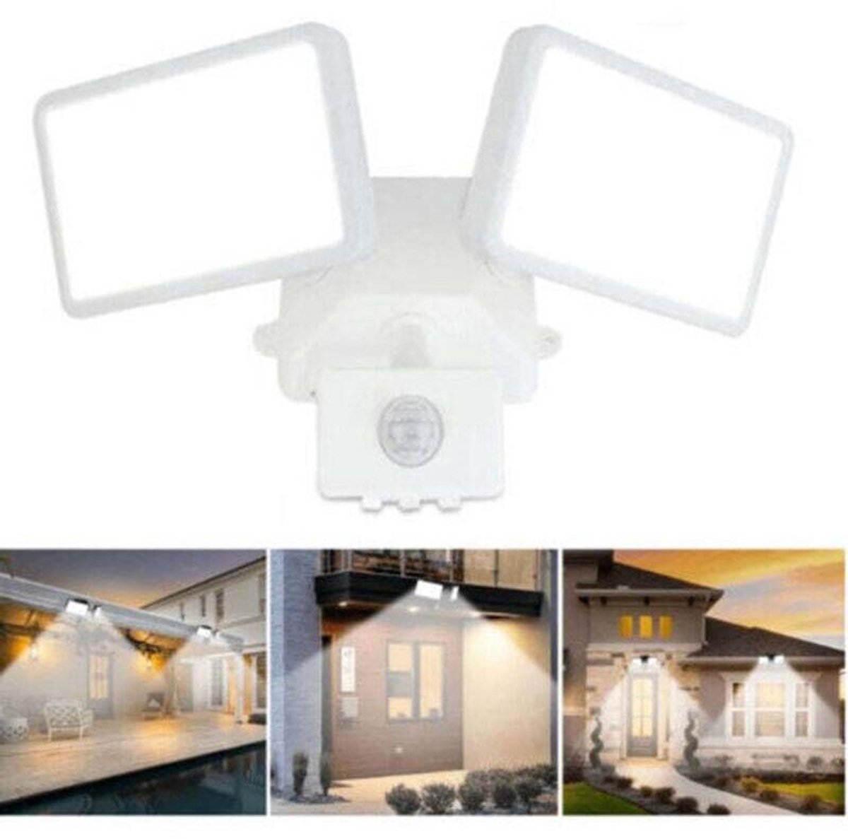 LED-schijnwerper geschikt voor verstelbare bewegingssensor, dubbele LED-buitenschijnwerper, waterdicht, daglichtwit, geschikt voor parken, garages en ingangen, wit.