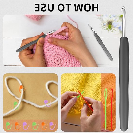 Ergonomische haaknaalden set met 6mm haaknaald, soft grip, stekenmarkeringen en stompe naalden, ideaal voor haken en breien — afbeelding 3