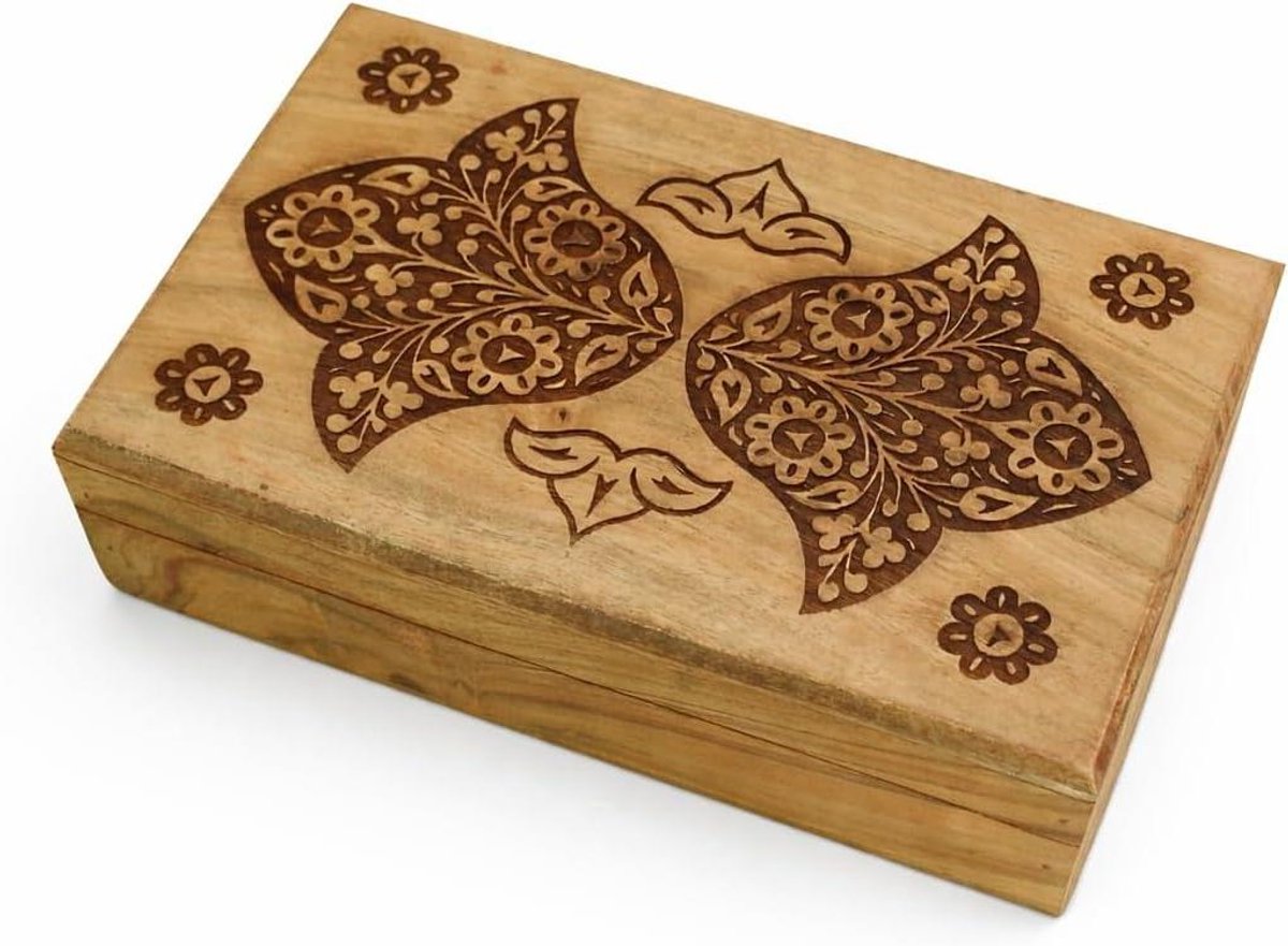 Houten Kist - Opbergdoos Decoratief - Sieraden Opbergen - Handgesneden Decoratie - 25 x 15.8 cm - Natuurlijk Hout