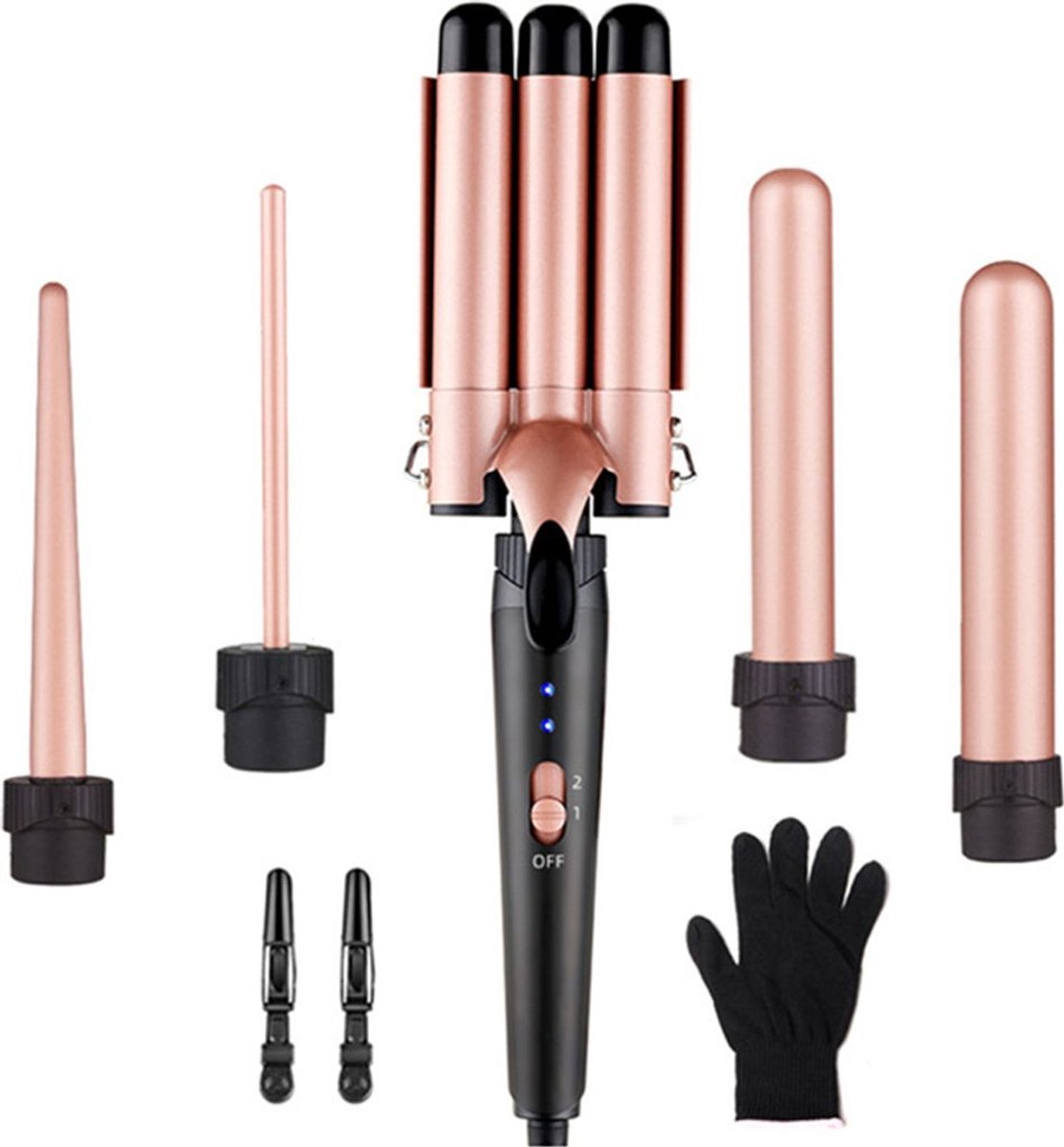 5-in-1 multifunctionele krultang met LED-verlichting en 5-in-1 kokerwisselaar