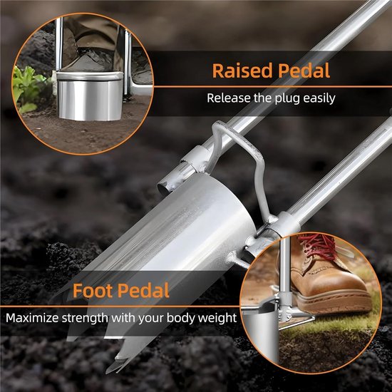 Bloembollenplanter Lange Steel - Handmatige Zaaimachine Plantgatmaker - Planten in de Tuin - Ergonomische Soft Grip - 82 cm - Zilver — afbeelding 4