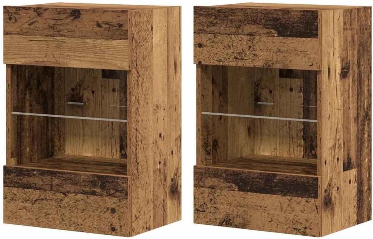 Wandkasten Set - TV Meubels - Woonkamer Opruimen - Met LED Verlichting - 2 stuks 40x30 - Oud houtkleurig